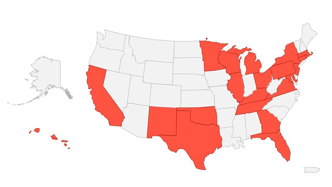 Map showing 26 states Wallace has worked in within the youth development focus area.