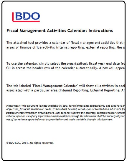 FISCAL MANAGEMENT ACTIVITIES CALENDAR 