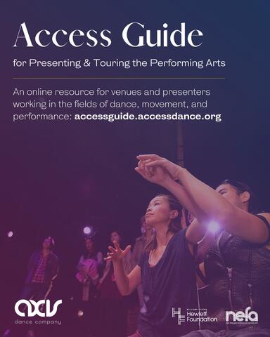 Former AXIS Dancer Yuko leads a participant through a pre-show touch tour of our 2019 Home Season. White text overlayed on a purple/blue gradient reads "Access Guide for the Performing Arts. An online resource for venues and presenters working in the fields of dance, movement, and performance: accessguide.accessdance.org" along with logos for AXIS, the Hewlett Foundation and the New England Foundation for the Arts.